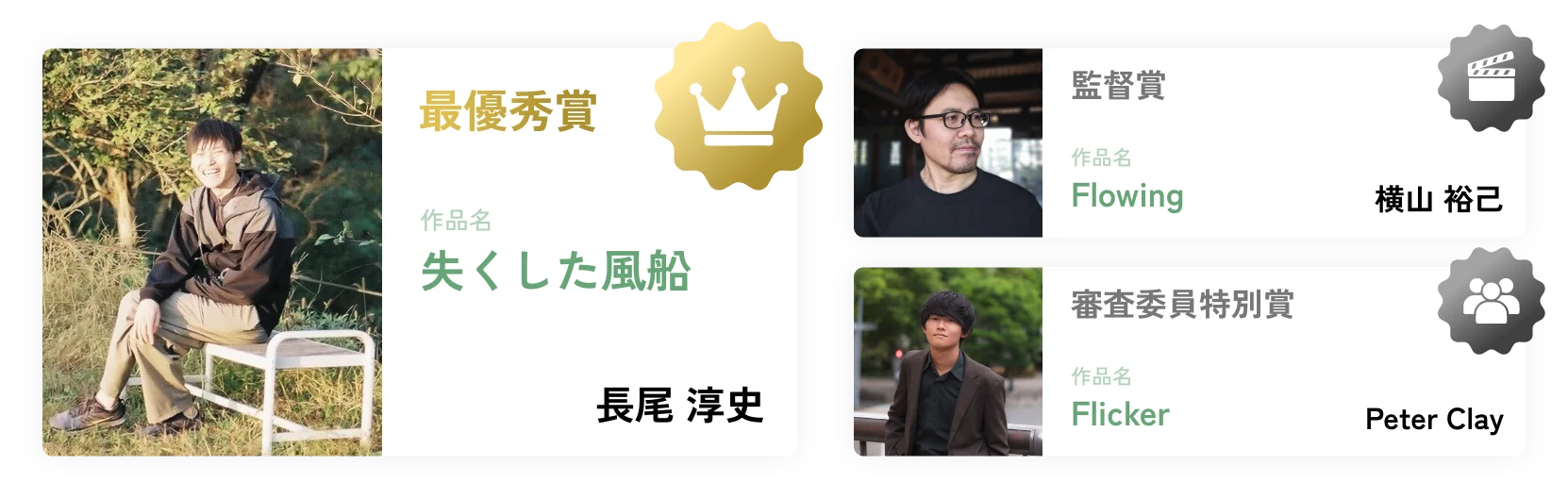 最優秀賞：長尾 淳史「失くした風船」、監督賞：横山 裕己「flowing」、審査委員特別賞：Peter Clay「Flicker」